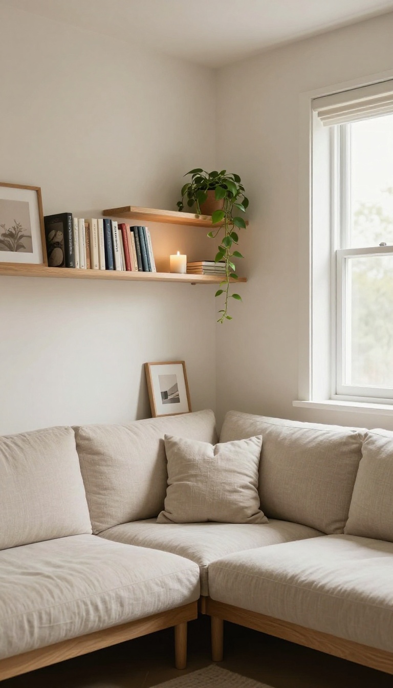 Cozy small living room corner with two floating wood shelves above a sofa, styled with books, a trailing plant, a candle, and a small framed print in bright natural light