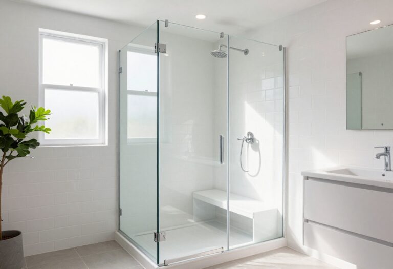 Bright basement shower with glass enclosure and white tiles