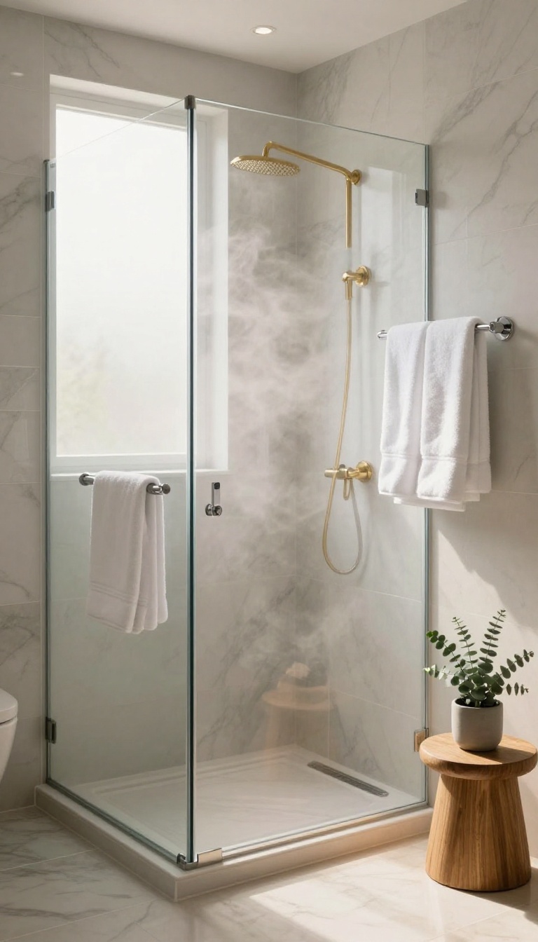 Bright master bathroom with a walk-in shower, warm heated tile floors, and a wall-mounted towel warmer holding folded white towels