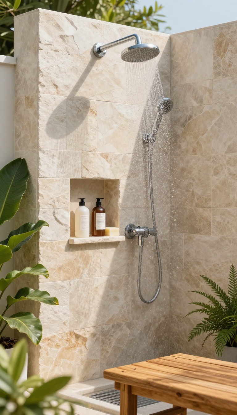 Outdoor pool shower with built-in soap dish and shampoo holder in a stone niche, surrounded by teak and greenery.