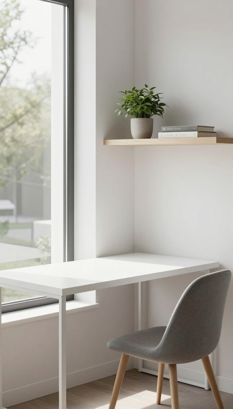 Minimalist home office corner with a slim desk, simple chair, and floating shelf in a bright modern room