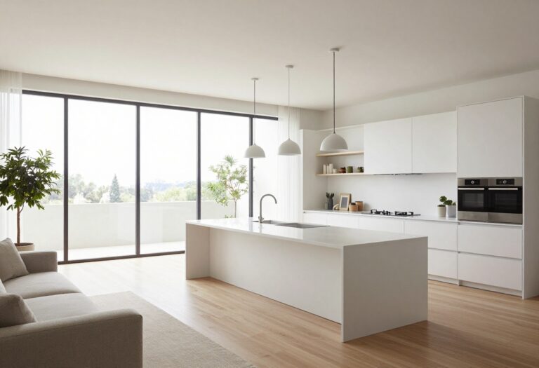 Open-plan living room and kitchen with island, pendant lights, and area rug dividing the space