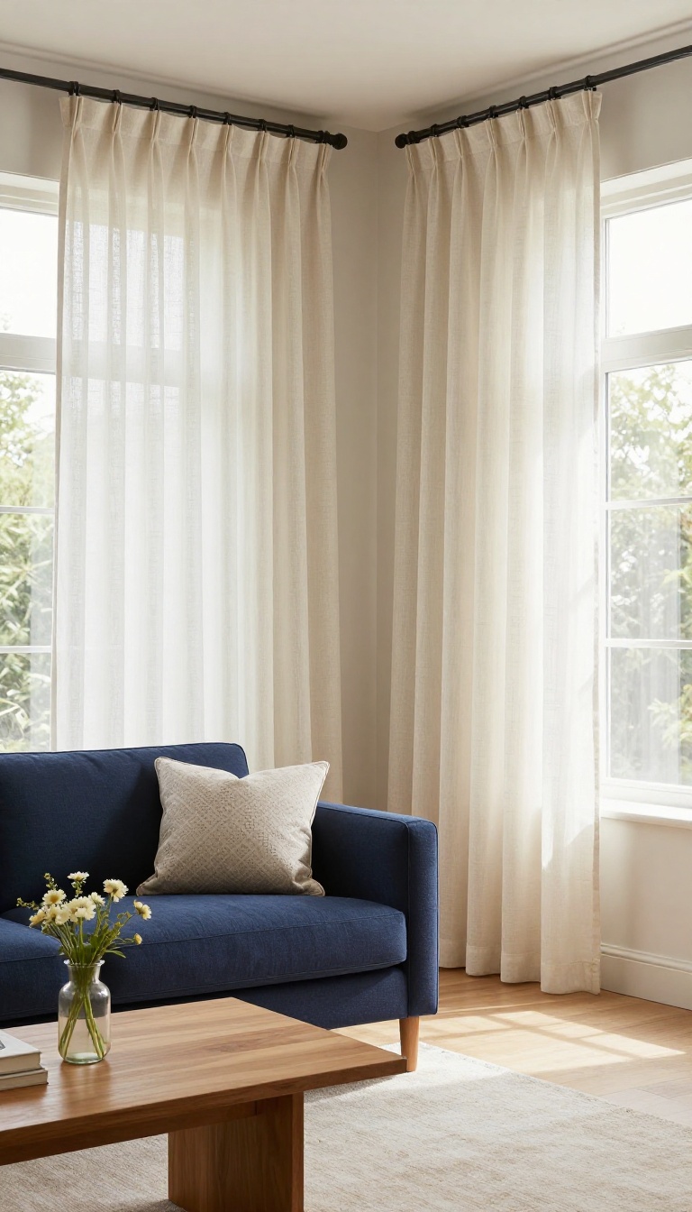 Bright living room with a navy blue couch and floor-length cream curtains framing large windows, creating a cozy, airy space with natural light.