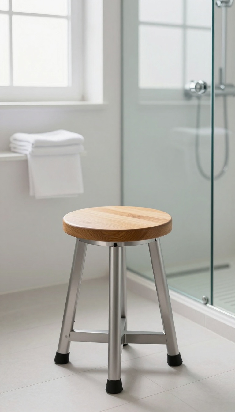 Adjustable-height pedestal shower stool with a teak seat and wide rubber-footed base in a bright modern tiled shower