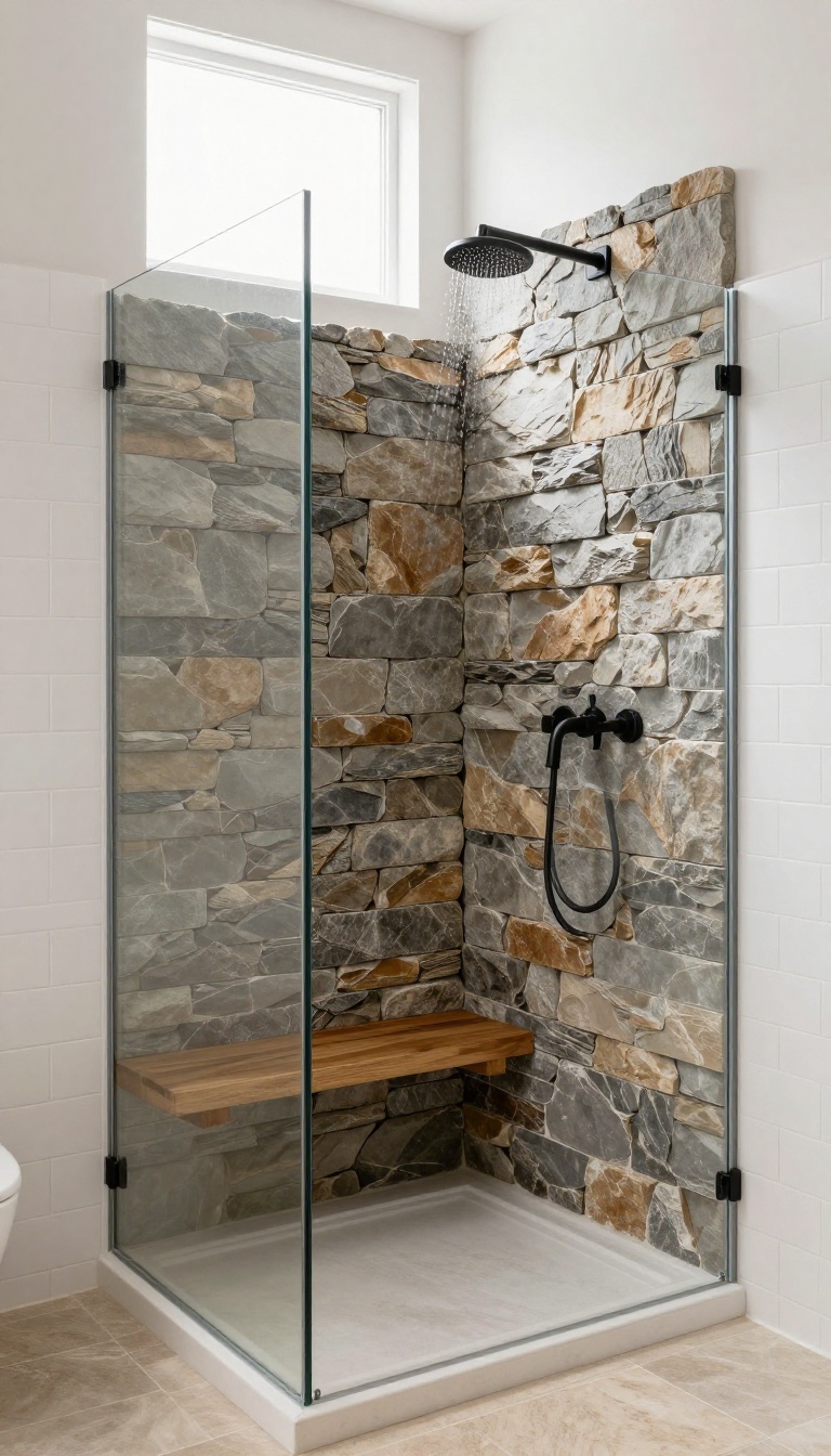 Rustic bathroom shower with natural stone accent wall, wooden bench, and white subway tile