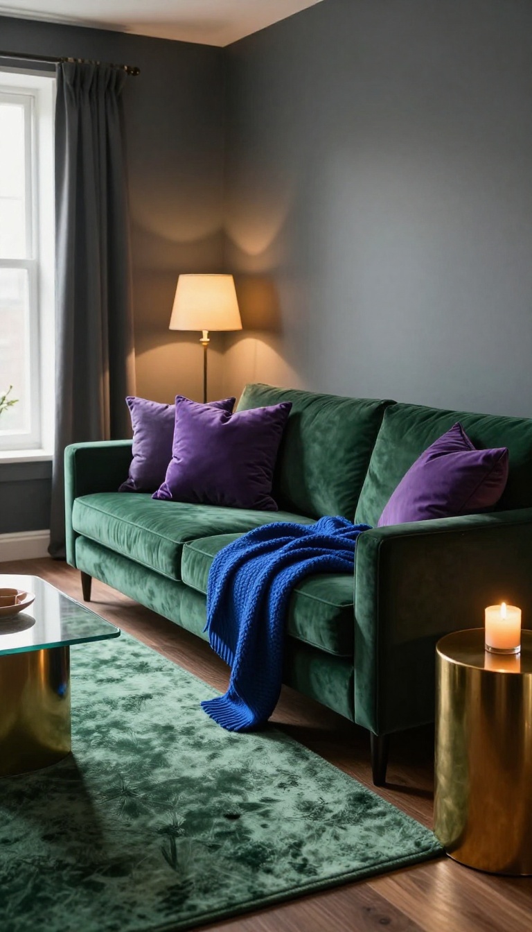 Green velvet couch in a moody living room with sapphire throw, amethyst pillows, emerald rug, warm lamps, and jewel-tone accents