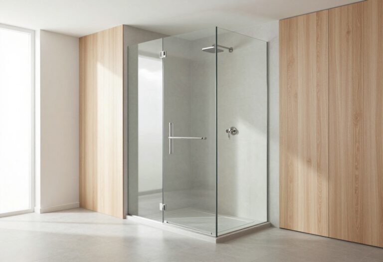 Modern walk-in shower with large-format gray porcelain floor tiles and a glass enclosure