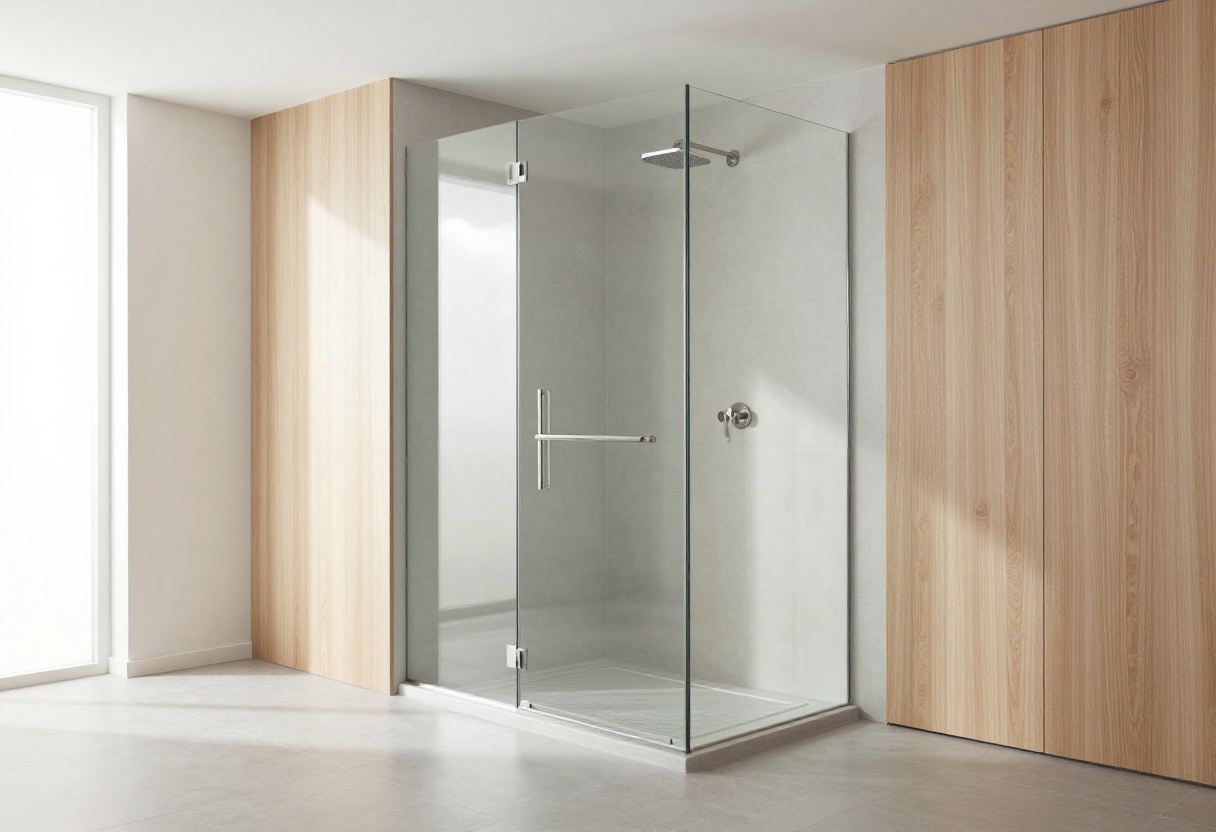 Modern walk-in shower with large-format gray porcelain floor tiles and a glass enclosure