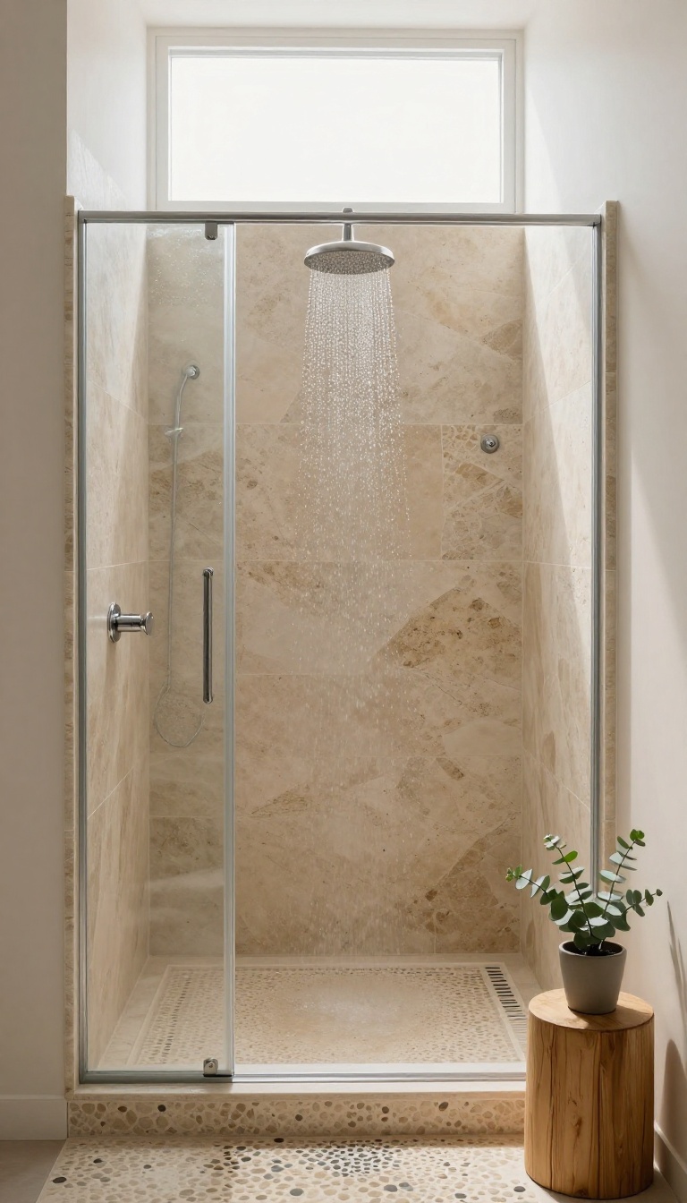 Natural stone pebble and travertine mosaic shower with bright natural light and earthy tones