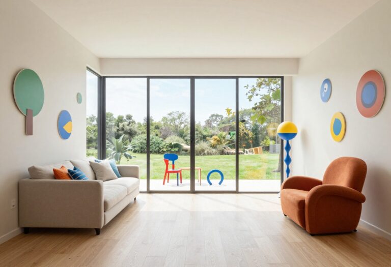 Colorful Toca Boca modern mansion bedroom and living room with neutral walls and bold accents