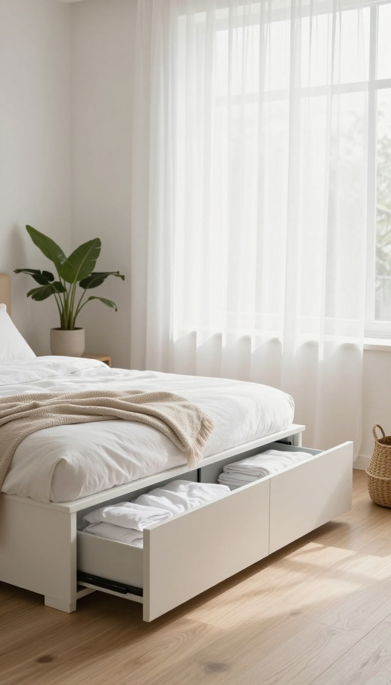 Bright tiny bedroom with a white storage bed that has built-in drawers, one drawer open to show folded clothes and bedding inside