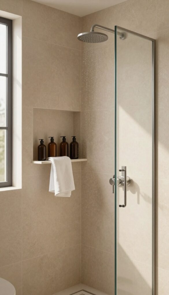 Seamless built-in niche shelving in a no-door walk-in shower with natural light and spa-like amenities