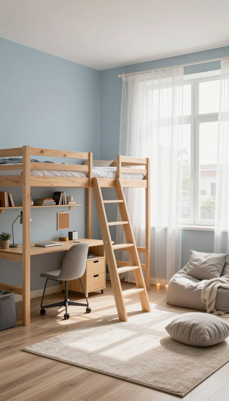 Bright boys loft bedroom with a raised bed above a study desk and cozy lounge corner underneath