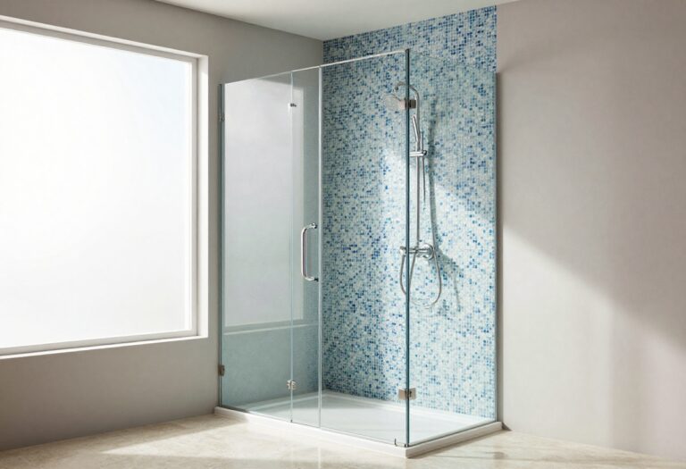 Modern shower with blue and white mosaic tile accent wall and glass door