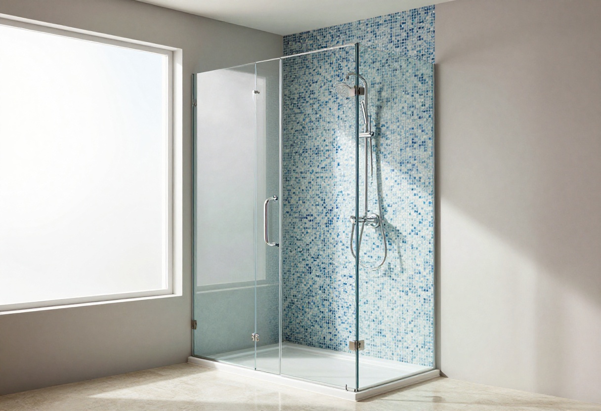 Modern shower with blue and white mosaic tile accent wall and glass door