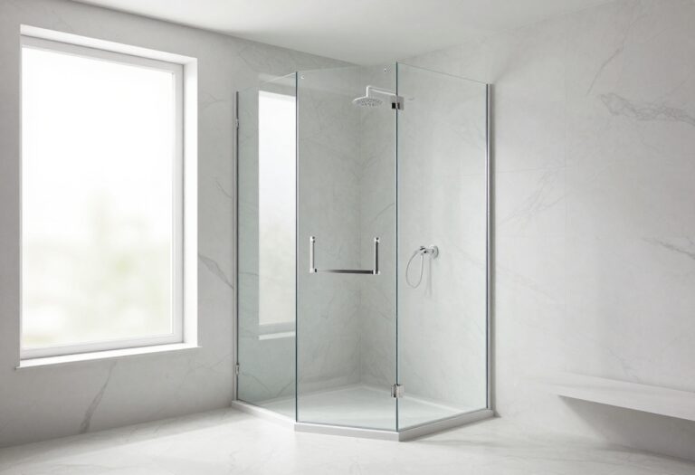 Modern master bathroom shower with frameless glass, marble tile, and rain showerhead