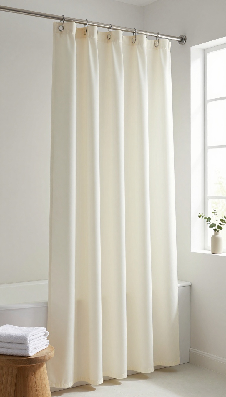 Bright modern bathroom with a single decorative shower curtain featuring a built-in liner, hanging in smooth tailored folds