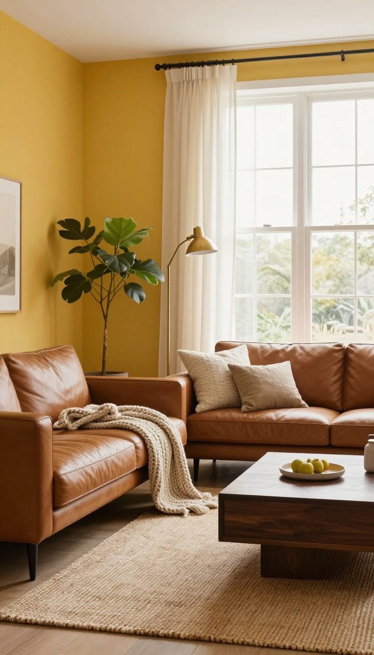 Living room with a mustard yellow accent wall, brown leather sofa, walnut coffee table, and woven jute rug in warm natural light