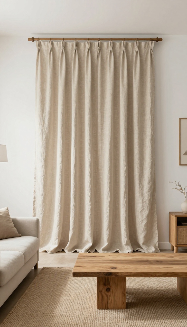 Warm neutral oatmeal linen curtains filtering soft daylight in a calm, airy living room with white walls and wood tones.