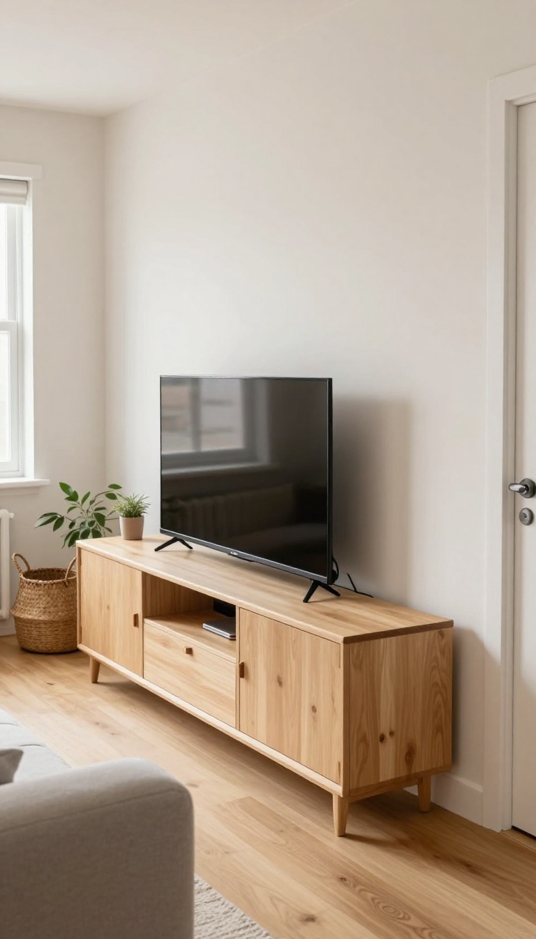 Corner TV stand with built-in storage in a small bright living room, television tucked into the corner to free up the main wall for seating