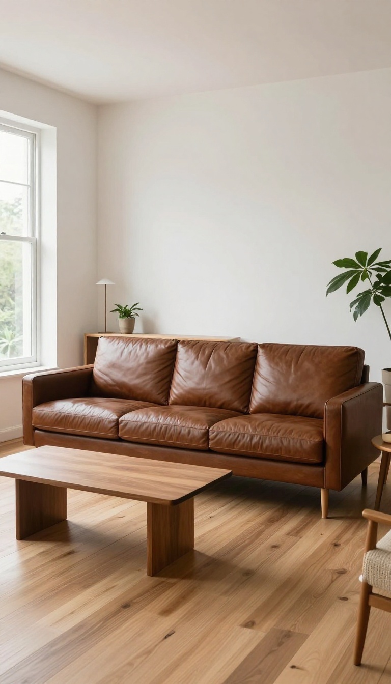 A chocolate brown couch with open floor space around it, a slim console table and floor lamp behind, and a large low coffee table in a bright living room
