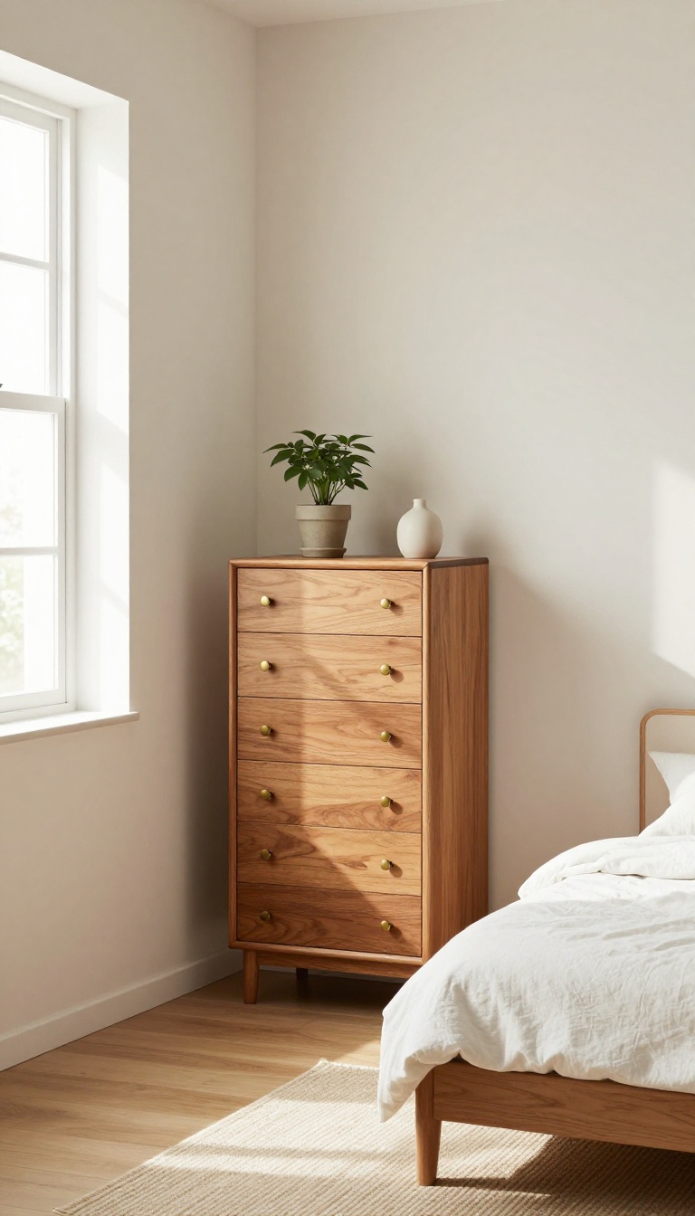 Tall narrow chest of drawers tucked into a small bedroom corner beside a low bed, maximizing vertical storage in a tiny space