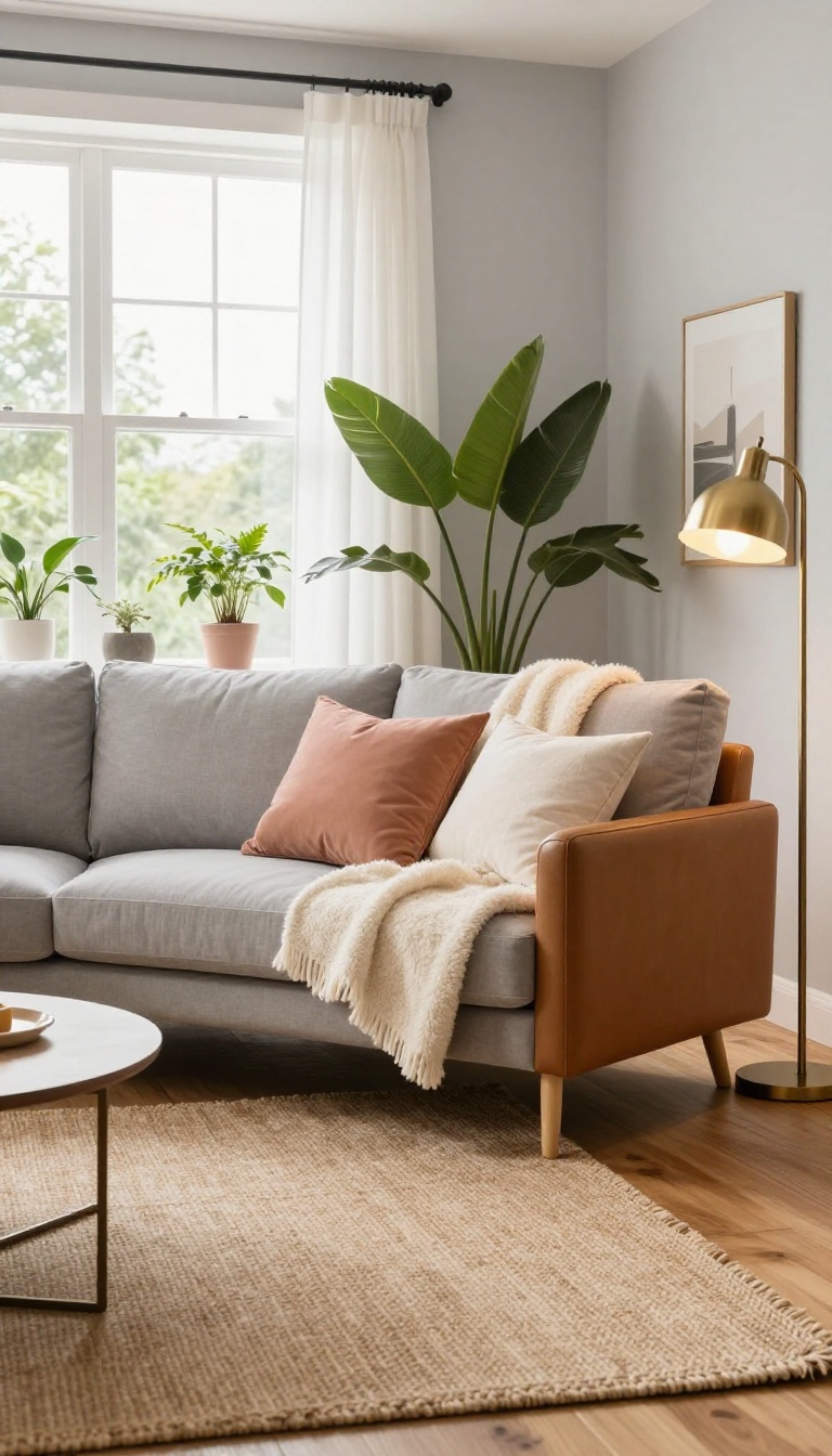 Cozy living room with charcoal gray walls, warm brass lighting, leather chair, and layered wool and jute textures in natural daylight