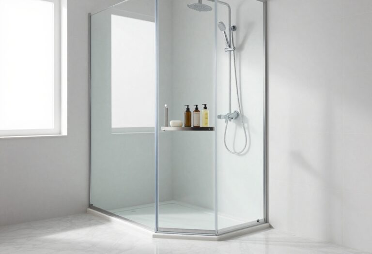 Modern bathroom with a stainless steel corner shower caddy holding toiletries