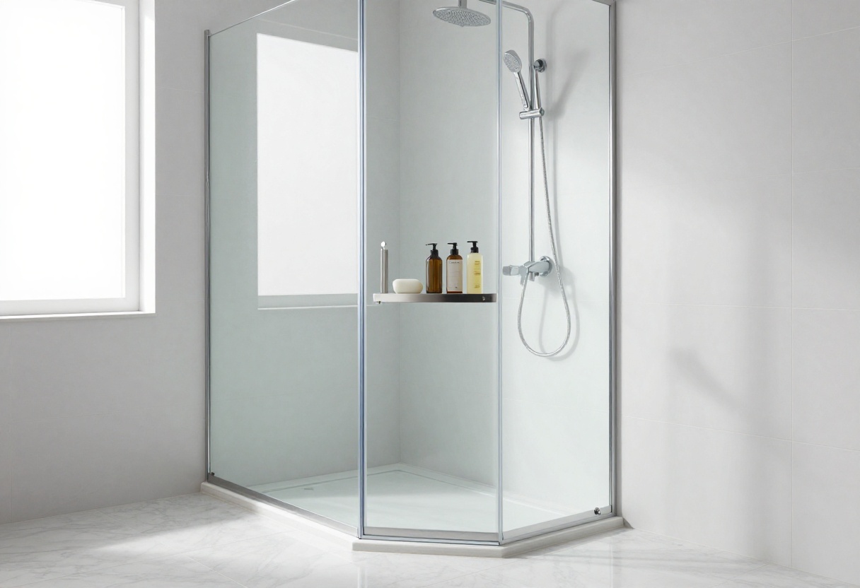 Modern bathroom with a stainless steel corner shower caddy holding toiletries