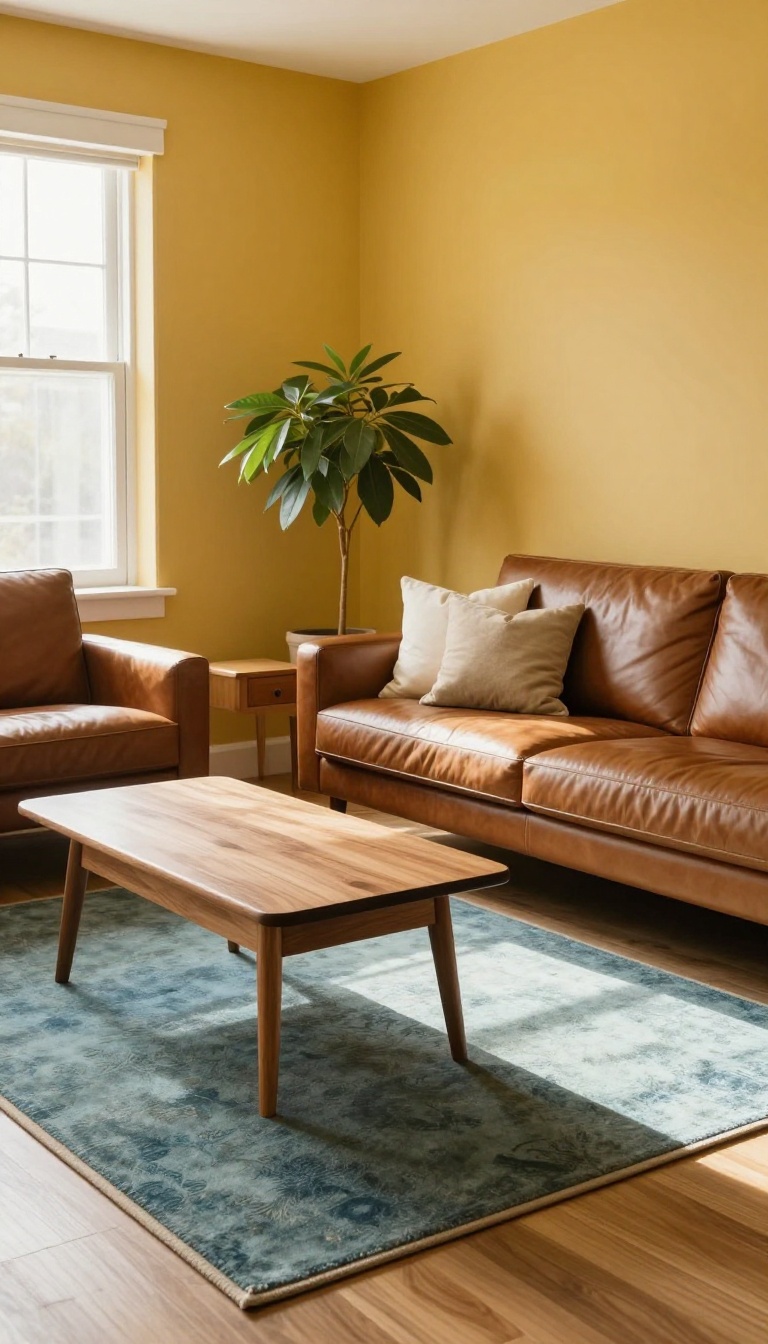 Living room with warm mustard yellow walls, brown leather sofa, and walnut furniture in bright natural light