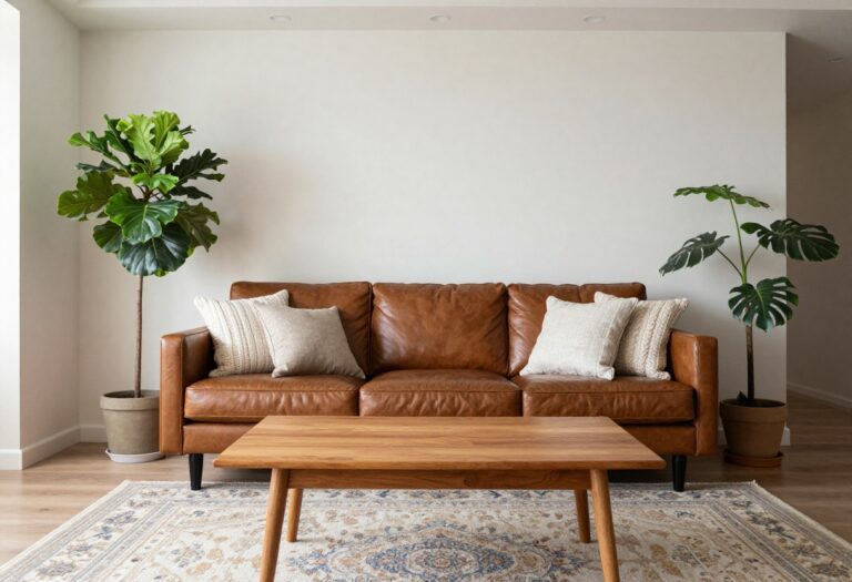 A warm and timeless living room with a brown leather couch, layered textiles, and natural light.
