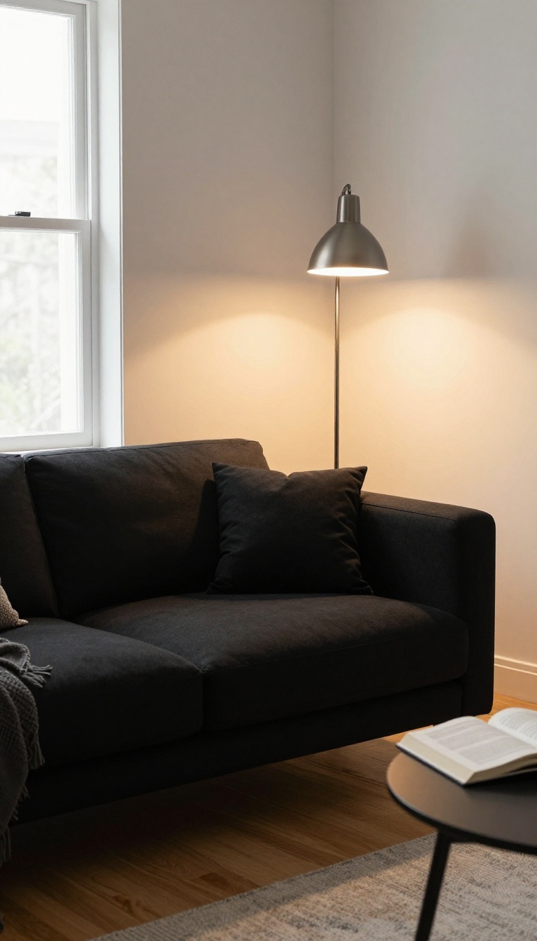 Black couch in a bright living room with a warm floor lamp angled over the seat, creating a cozy pool of golden light