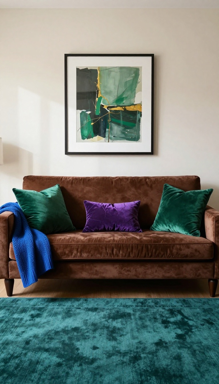 Chocolate brown velvet couch styled with emerald green pillows, a sapphire blue throw, and a teal patterned rug in a bright living room