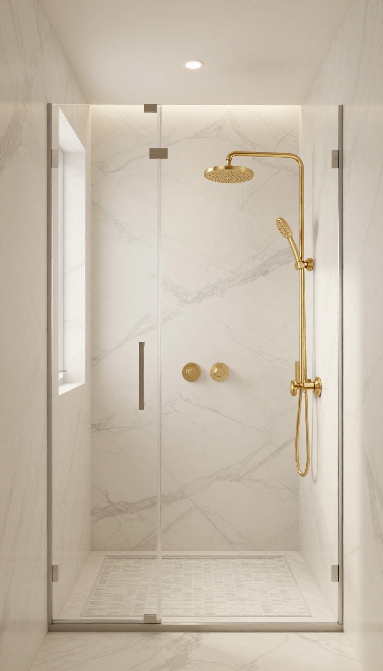 Luxury marble shower with gold rainfall showerhead and frameless glass panel in a bright, polished bathroom