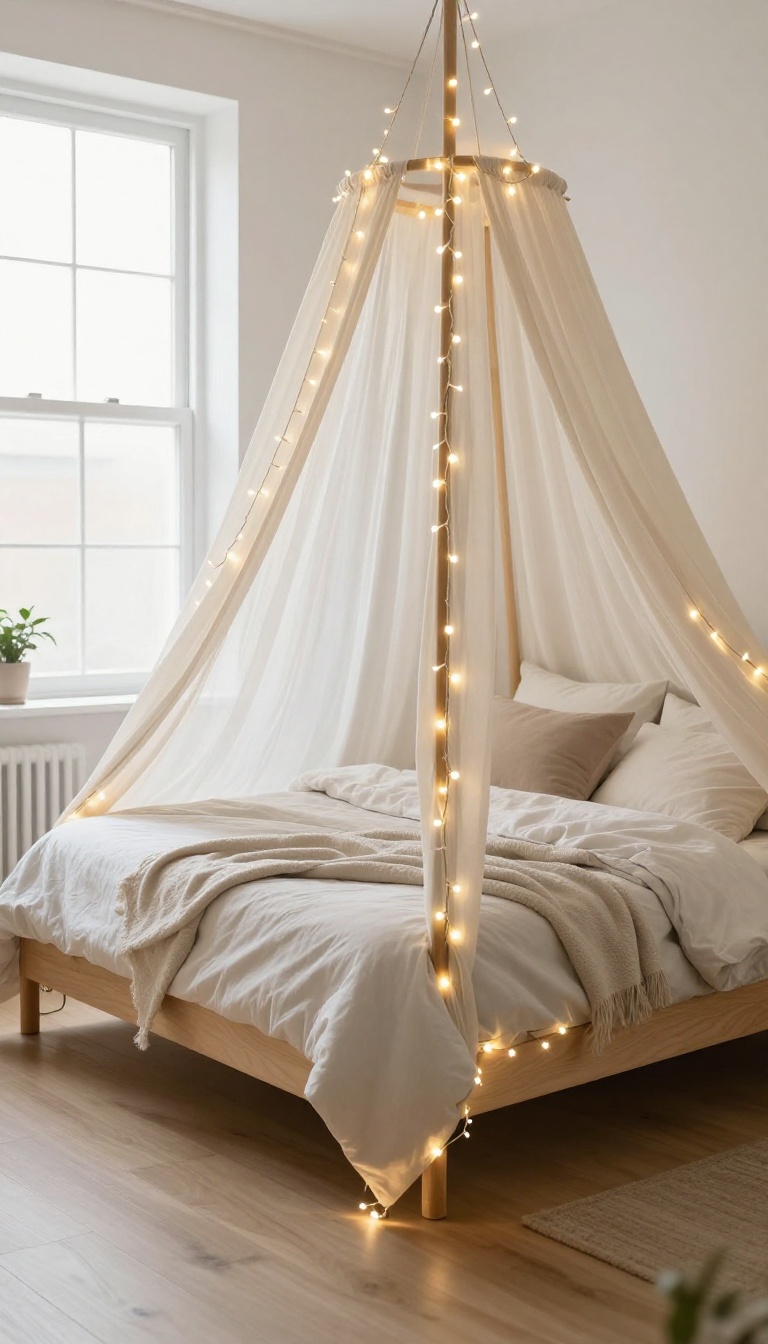 Cozy canopy bed with warm LED fairy lights wrapped around the frame and glowing softly inside the fabric drapes