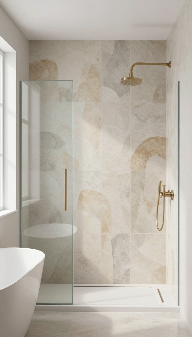 Modern bathroom shower with large-scale neutral patterned tile and glass screen, bathtub nearby, bright natural light