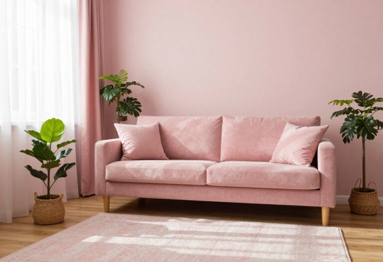 Cozy apartment living room with blush pink walls, pink sofa, and warm lighting.