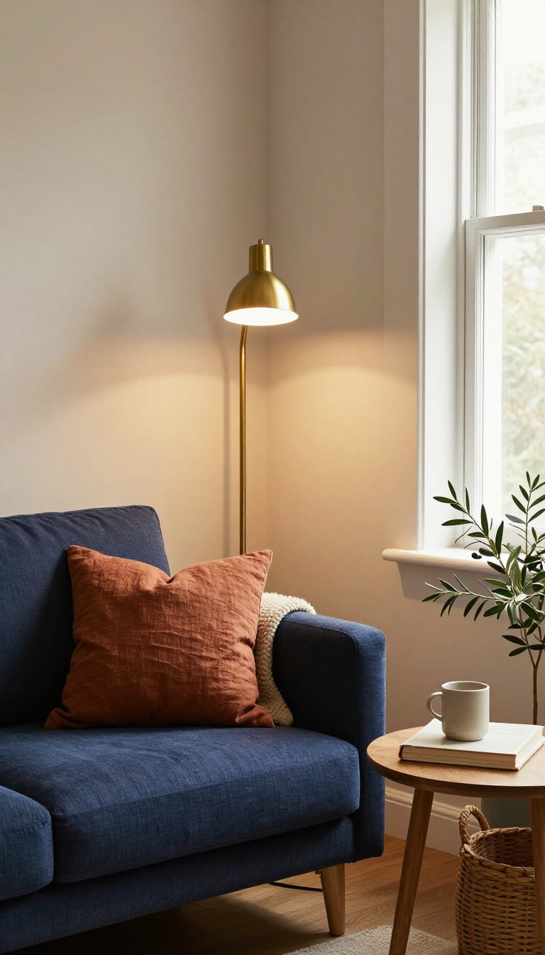 Cozy living room reading nook with a navy blue couch, curved brass floor lamp, side table with a mug and book, and warm layered textiles in bright natural light