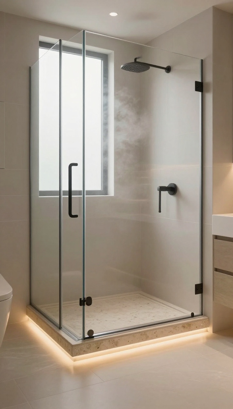 Modern bathroom shower with a warm, heated stone threshold, glowing softly under natural light.