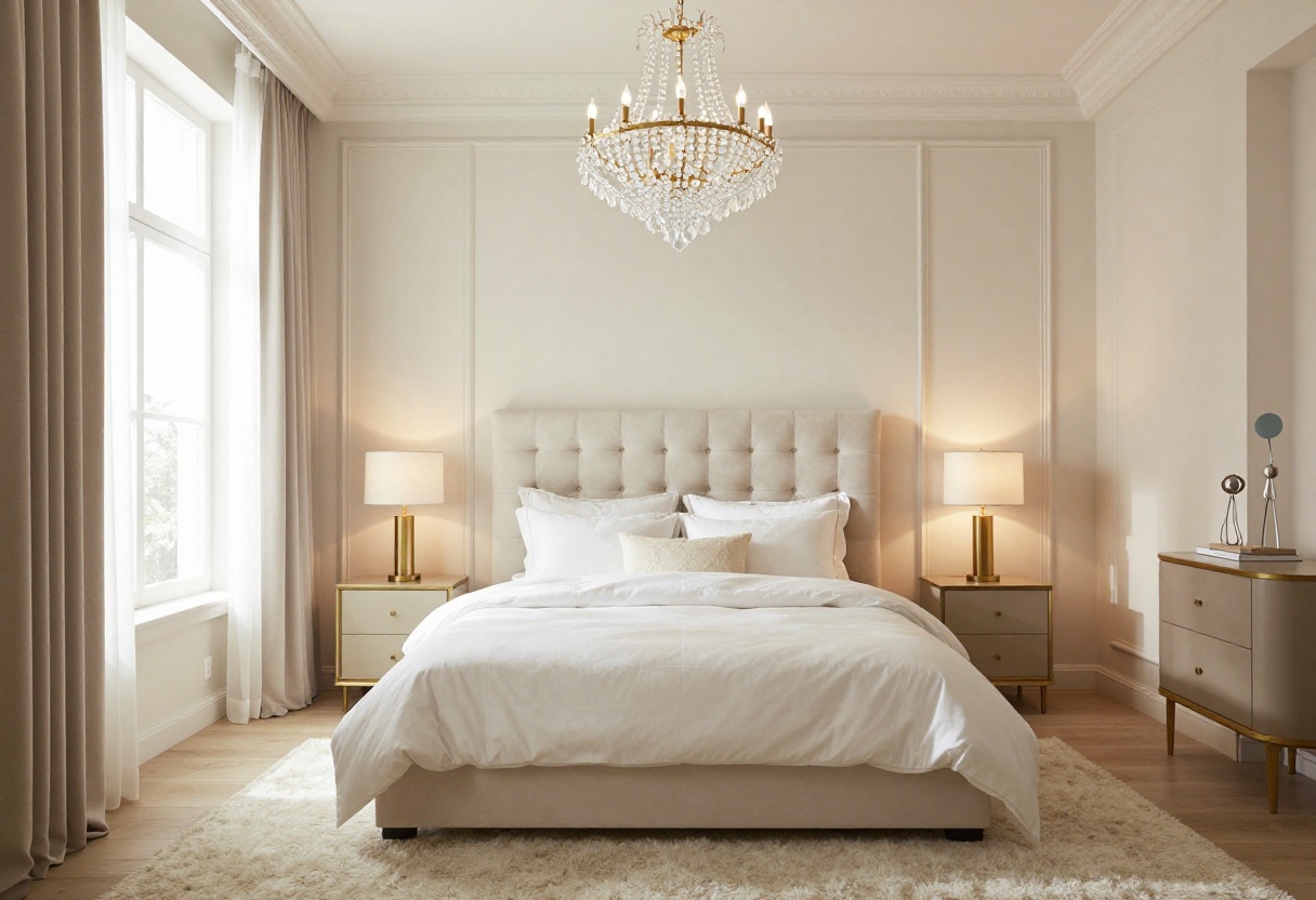 Luxurious bedroom with upholstered headboard, chandelier, and elegant decor