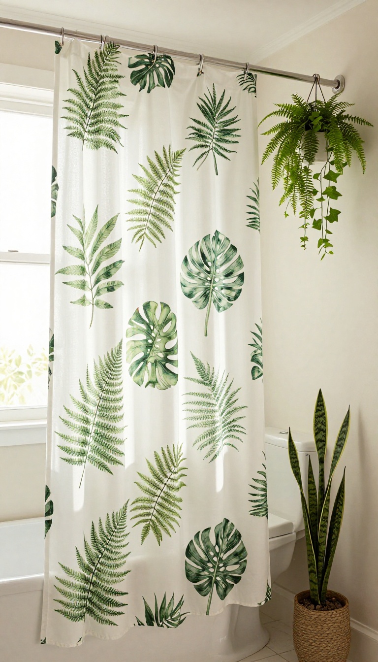 Bright boho bathroom with a botanical leaf print shower curtain, hanging pothos, and potted plants creating a lush jungle spa feel