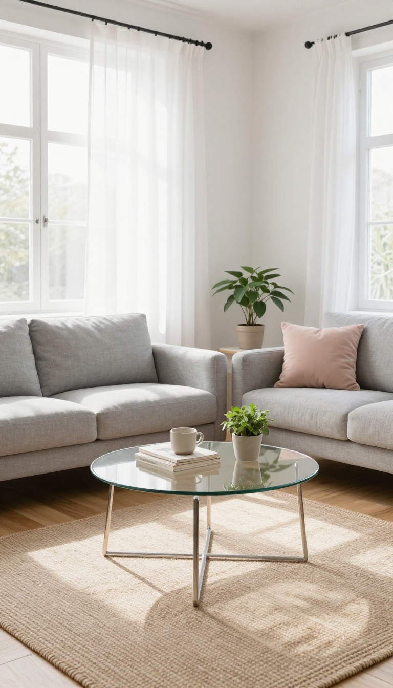 Small living room with a round glass coffee table on slim legs, light sofa, and visible wood floor beneath the transparent top