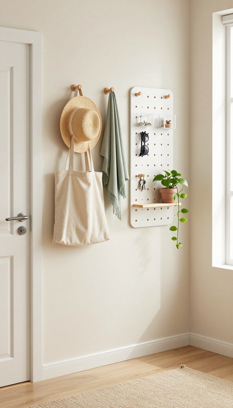 Small bedroom wall with a row of wooden hooks and a white pegboard holding bags, accessories, and a trailing plant for vertical storage