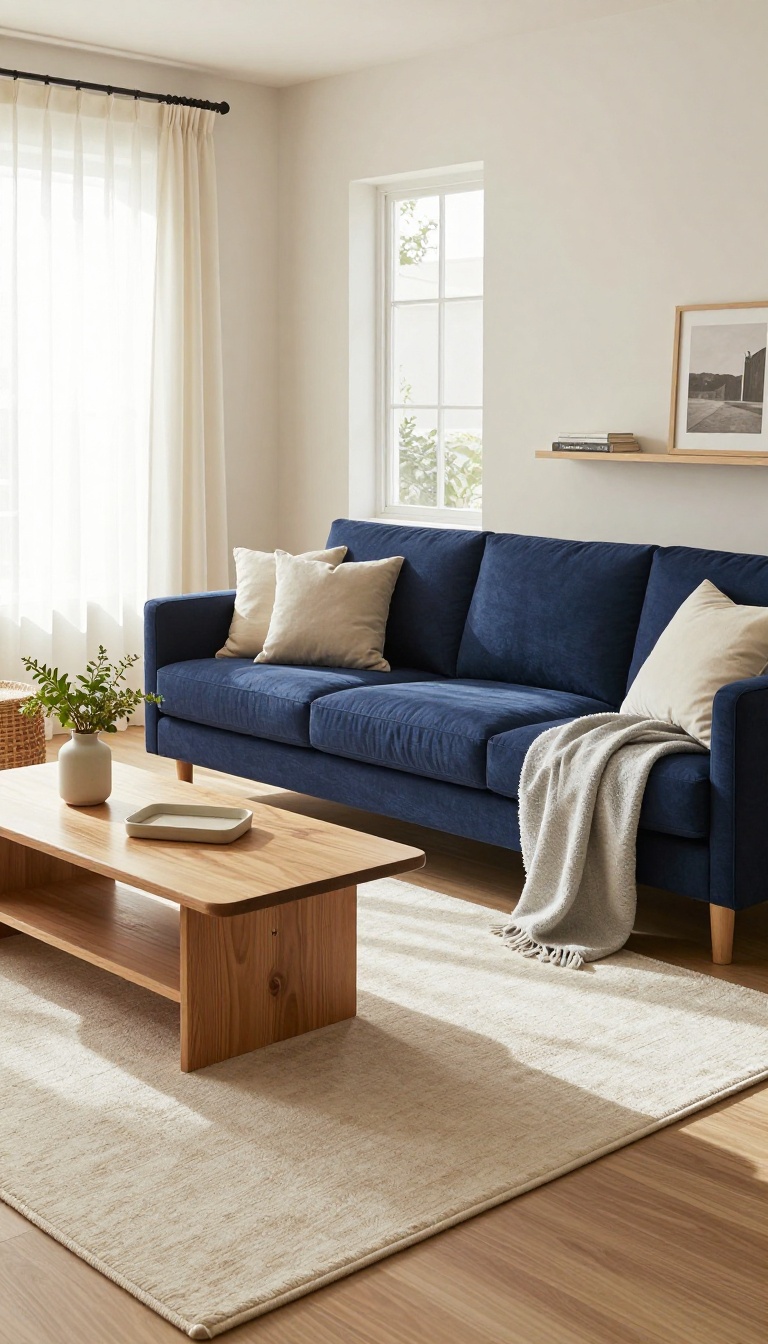 Navy blue couch on a large ivory area rug in a bright cozy living room with natural light