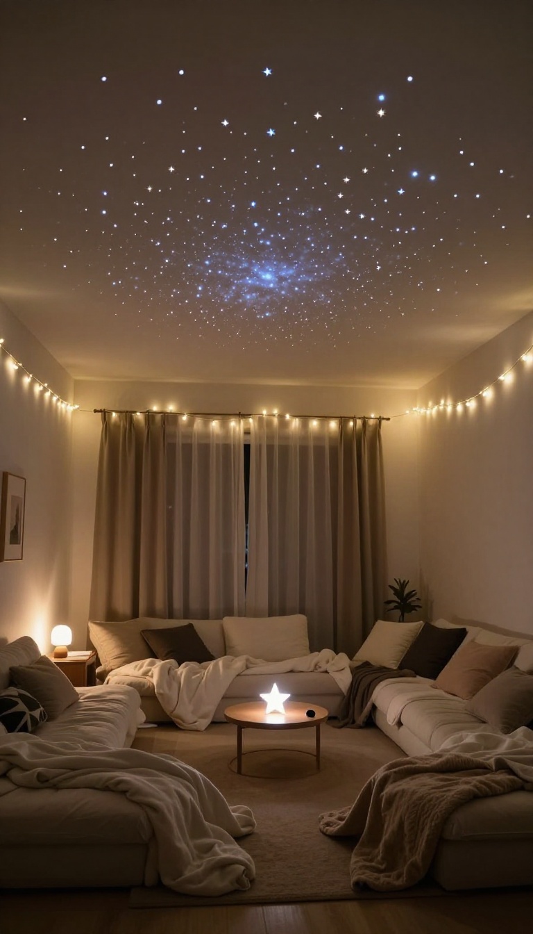 Cozy living room sleepover wind-down with star projections on the ceiling, fairy lights, and blankets on the floor