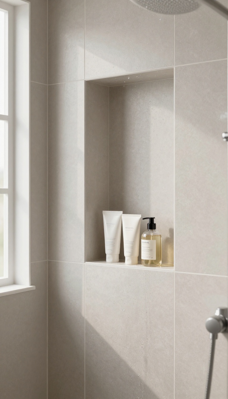 Modern master bathroom shower with a recessed built-in caddy niche holding neatly arranged bottles on a tiled wall