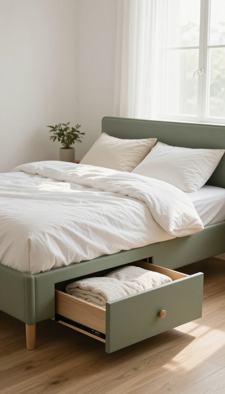Sage green platform bed with built-in under-bed storage drawers in a bright, airy bedroom with white walls and natural light