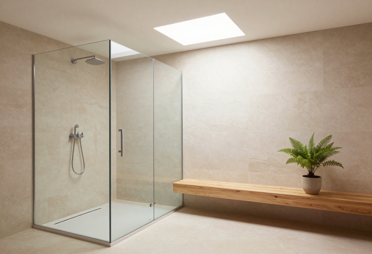 Modern wet shower room with natural stone, glass divider, and rainfall showerhead