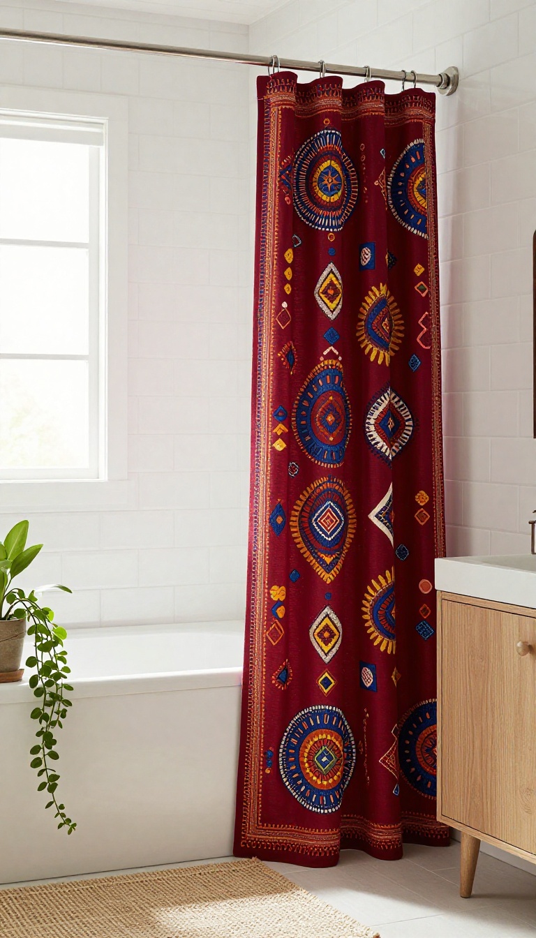 Bright boho bathroom with an embroidered suzani and kilim motif shower curtain in red, indigo, and saffron tones against white subway tile