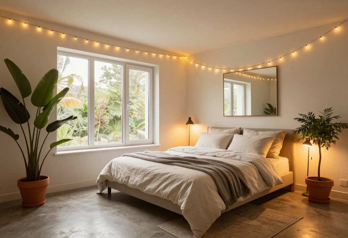 Cozy basement bedroom with no windows, warm lighting, and stylish decor.